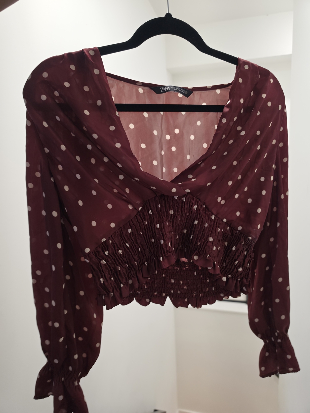 Zara Polka Dot Burgundy Long Sleeve Crop Blouse